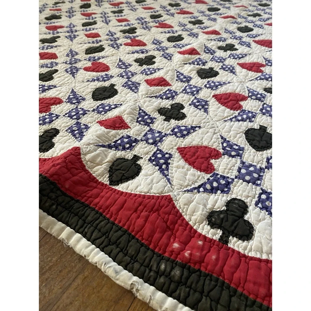 Vintage 1930s Quilt Western Texas Poker Polka Dots Folk Art Playing Cards 75x60